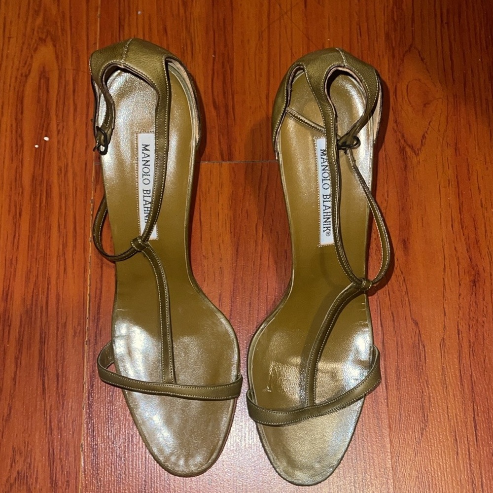 Manolo Blahnik Olive Green Strappy Leather Heels